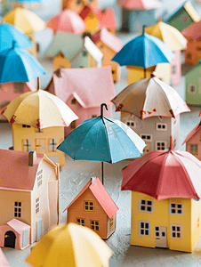 业务覆盖摄影照片_在工作场所用雨伞覆盖家庭和房屋纸模型的保险代理人部分观点