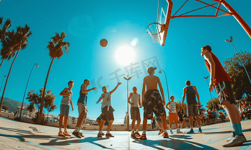 桑尼摄影照片_鱼眼视图的青少年玩篮球游戏
