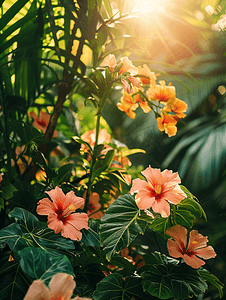 太阳户外摄影照片_春天的花朵在丛林里