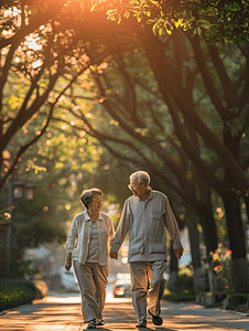 早安人摄影照片_老年夫妇早晨户外散步