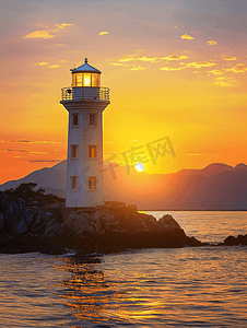 海边夕阳天空摄影照片_晚霞夕阳下的海边灯塔