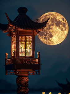 月亮中国风摄影照片_月圆下的孔明灯