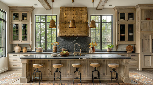 现代橡木橱柜开放式厨房高清摄影图