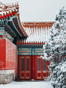 古风庭院建筑摄影照片_北京故宫红墙琉璃瓦雪景