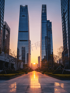 南京商务区现代建筑夕阳