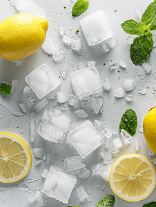夏日白底冰块薄荷柠檬清爽素材
