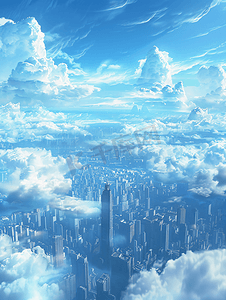 清新城市建筑摄影照片_清新蓝天白云下的天空之城