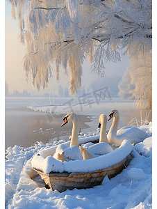 创意背景简约摄影照片_冬天大雪雾凇下的小船天鹅