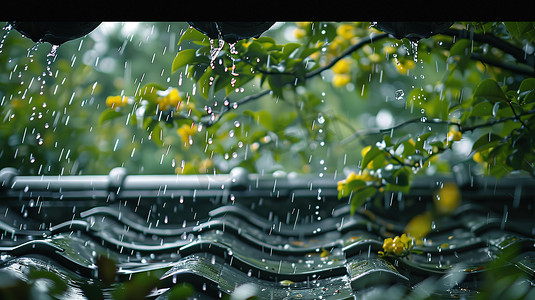 哑铃雨水摄影照片_春天屋檐的雨水下雨天摄影配图