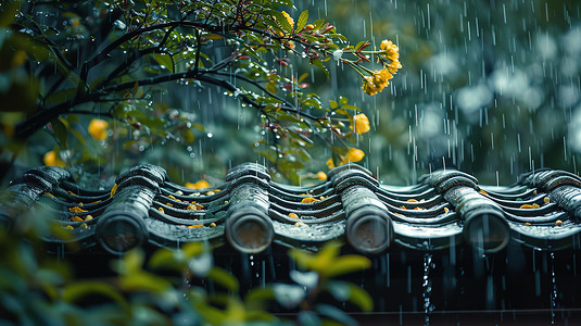 春天屋檐的雨水下雨天照片