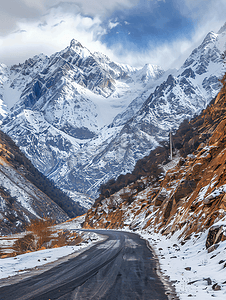 山地越野摄影照片_雪山下的公路