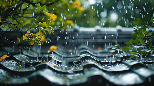 春天屋檐的雨水下雨天照片