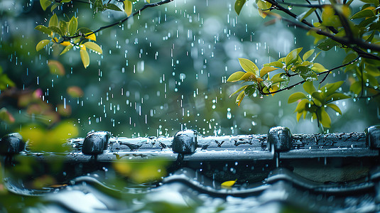 春天屋檐的雨水下雨天高清图片