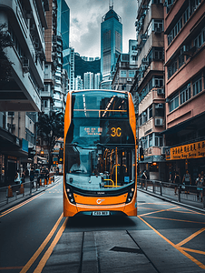 商务巴士摄影照片_香港街景双层公交