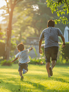 小孩开心摄影照片_小男孩和爸爸在草坪上追逐打闹背影