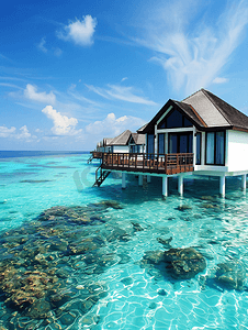 清澈蓝色水摄影照片_蓝色水屋纯净马尔代夫