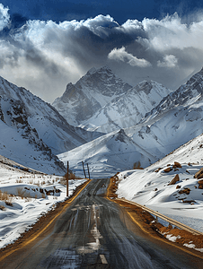 山地越野摄影照片_雪山下的公路