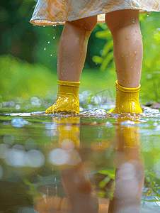 雨水背景素材摄影照片_下雨天穿雨鞋的小朋友玩水