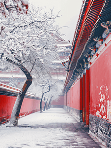 中国风小寒背景摄影照片_北京故宫红墙的雪景