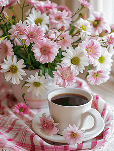 花摄影照片_桌上的花与咖啡