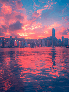 香港地标摄影照片_香港维多利亚港日落全景
