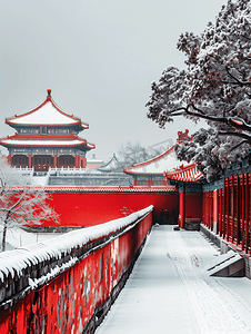 中国风庭院背景摄影照片_北京故宫红墙的雪景