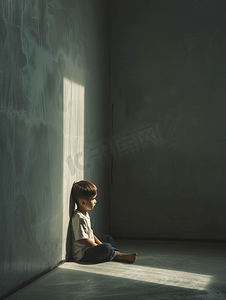 校园安全教育摄影照片_孤独的小男孩遭受欺凌坐在墙角