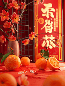 虎年春节中国风摄影照片_年货橘子和春联
