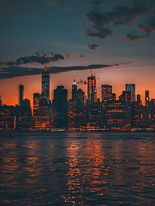 美国纽约曼哈顿天际线日落夜景