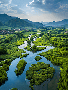 河流图片摄影照片_沂蒙邻水生态小城沂水城市湿地鸟瞰景观
