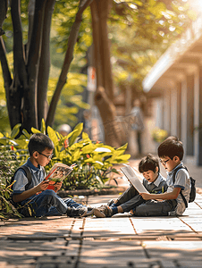 天天半价摄影照片_小学生户外阅读