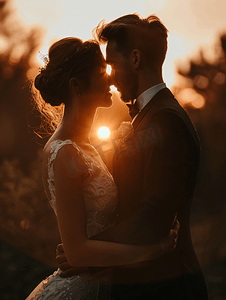 结婚的新人摄影照片_夕阳下的浪漫婚纱照特写
