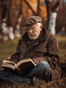 老年人看书摄影照片_老爷爷户外看书