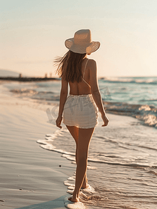 女生头发摄影照片_海边沙滩散步的美女背影