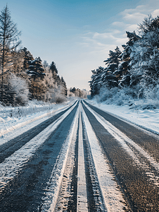 雪地里笔直的公路