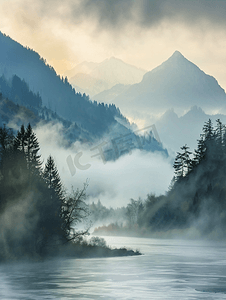 中国风水墨风景摄影照片_山脉河流平流雾