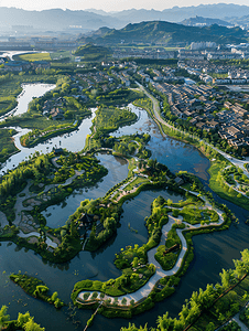 沂蒙邻水生态小城沂水城市湿地鸟瞰景观