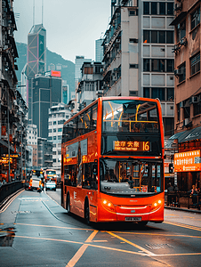 香港回归25摄影照片_香港街景双层公交