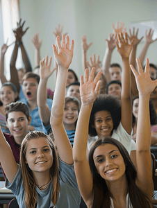 教室椅子摄影照片_在教室里举起手的青少年学生