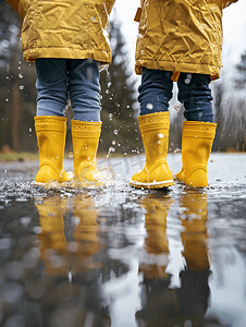 81建军节素材摄影照片_下雨天穿雨鞋的小朋友玩水