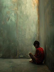 小男孩模特摄影照片_孤独的小男孩遭受欺凌坐在墙角