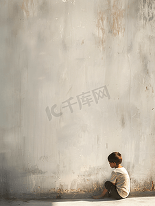 自闭症日宣传摄影照片_孤独的小男孩遭受欺凌坐在墙角