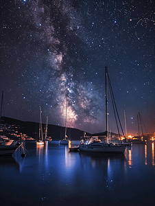 海边夜空摄影照片_海港星空晚安