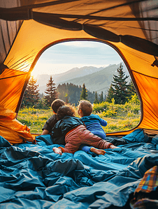 公园风景图片摄影照片_一家三口躺在帐篷里欣赏风景