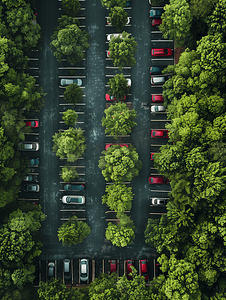 空中看树林中的停车场