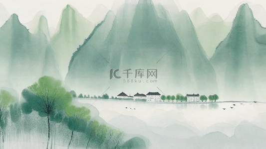 山水春背景图片_水墨春天湿墨柔和半透明春天山水1背景