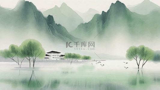 简单大背景背景图片_水墨春天湿墨柔和半透明春天山水9背景图