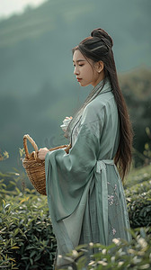 古典竹篓摄影照片_采茶女摄影图写真照片采茶