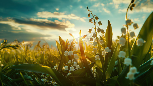草地上的的白色铃兰花摄影照片
