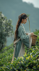 古典竹篓摄影照片_采茶照片采茶女摄影图写真